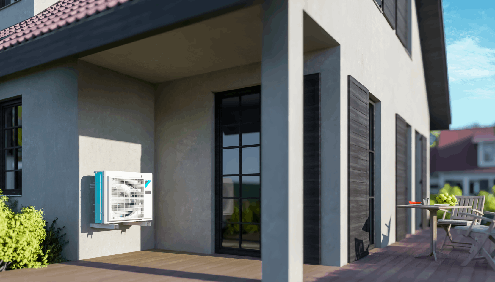 Szerelés diszkrét egység kültéri Daikin Altherma ERLA14DV udvar egy házak modern